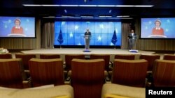 Predsjednik Evropskog savjeta govori za medije nakon videokokonferencije EU-Zapadni Balkan u Briselu, maj 2020.