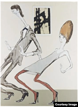 Изображение карикатуры Кукрыниксов из журнала Крокодил № 4 за 1965 год. 1994. Холст, акрил, 200х150 см.