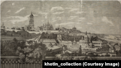 Kijevo-pečerska lavra, pogled na Gornju lavru s juga. Francuski bakrorez s druge polovice 19. stoljeća.