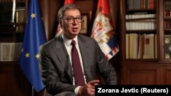Predsednik Srbije Aleksandar Vučić govori u intervjuu Rojtersu u Beogradu, Srbija, 28. septembra 2023.