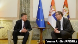 Specijalni izaslanik EU za dijalog Srbije i Kosova Miroslav Lajčak razgovara u Beogradu sa predsednikom Srbije Aleksandrom Vučićem, 5. jula 2023.