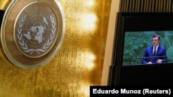 Міністр закордонних справ України Дмитро Кулеба під час виступу на засіданні Генеральної асамблеї ООН, 22 лютого 2023 року