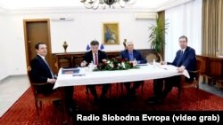 S leva na desno: premijer Kosova Aljbin Kurti, specijalni predstavnik EU Miroslav Lajčak, visoki predstavnik EU za spoljnu politiku i bezbednost Josep Borrell i predsednik Srbije Aleksandar Vučić, Ohrid, Severna Makedonija, 18. mart 2023.