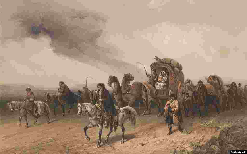 Karavan Tatara putuje ravnicom na Krimu. Knjiga pod naslovom "Prelepi pejzaži i važna zanimljiva mesta širom Krima" objavljena je 1856. Iste godine, Bosolijeve slike Krima bile su na izložbi predstavljene radoznaloj publici u Londonu.