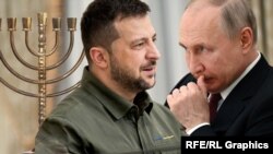 ვოლოდიმირ ზელენსკი და ვლადიმირ პუტინი. კოლაჟი