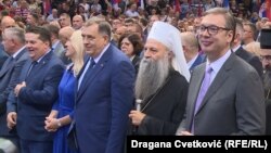 Nenad Stevandić, Željka Cvijanović, Milorad Dodik, patrijarh Porfirije i Aleksandar Vučić tokom proslave "Dana srpskog jedinstva" u Nišu, 15. 9. 2023.