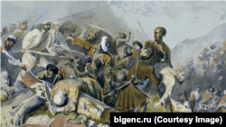 "Эпизод из сражения при Валерике". Рисунок М. Ю. Лермонтова. Раскрашен Г. Г. Гагариным. 1840. Русский музей (С.-Петербург).