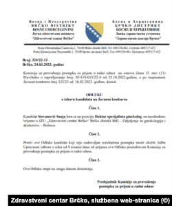 Odluka o zaposlenju doktorice Sanje Stevanović u Brčko distriktu.