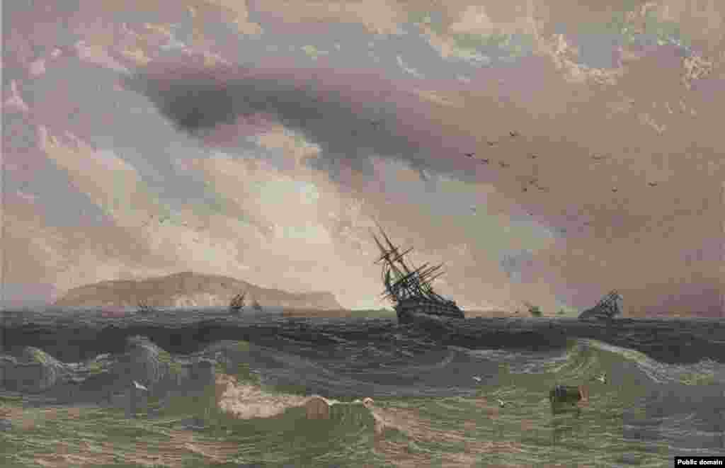 Zmijsko ostrvo tokom olujnog dana. To ostrvo postalo je poznato kao položaj ukrajinskih trupa koje su prkosile ruskom ratnom brodu na početku invazije Rusije na Ukrajinu 2022. godine, ali njegova burna istorija seže do rane grčke civilizacije. Na ostrvu se nekada nalazio Ahilov hram. U vreme Bosolijevih slika za ostrvo su se borili Otomansko i Rusko carstvo, da bi potom bilo pod kontrolom Rumunije. Sovjetska mornarica je zauzela ostrvo u Drugom svetskom ratu, a zatim ga je posle raspada Sovjetskog Saveza nasledila Ukrajina.