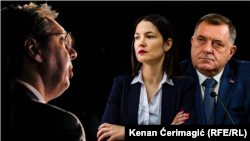 Aleksandar Vučić, jelena Trivić i Milorad Dodik, ilustracija