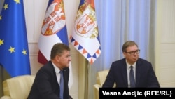 Miroslav Lajčak, izaslanik za dijalog Kosova i Srbije, i Aleksandar Vučić, predsednik Srbije. Srbija, Beograd, 25. avgust 2022.