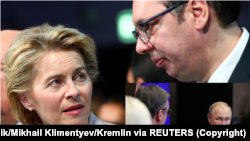 Predsednik Srbije Aleksandar Vučić sa predsednicom Evropske komisije Ursulom fon der Lajen u Davosu 2020. i predsednik Srbije Aleksandar Vučić sa predsednikom Rusije Vladimirom Putinom u Sočiju 2019.