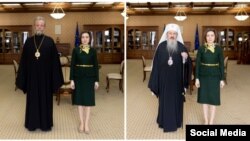 Colaj din fotografii în care apare Maia Sandu alături de Mitropolitul Moldovei Vladimir (stânga) și Mitropolitul Basarabiei Petru, atunci când s-a întâlnit separat cu aceștia la președinție în preajma sărbătorilor de Paști, aprilie 2022.