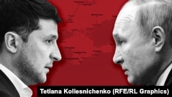 Zelenski i Putin ispred mape poluostrva Krim (ilustracija)