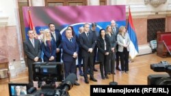 Poslanici opozicione Stranke slobode i pravde na konferenciji za medije u Skupštini Srbije, 5. mart 2025.