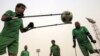 Members of the Iraqi national football team for amputees take part in a training session at al-Shaab stadium in Baghdad.