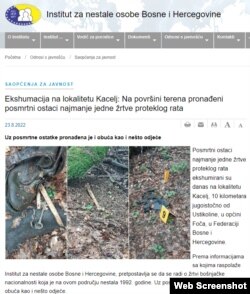 Screenshot web stranice Instituta za traženje nestalih Bosne i Hercegovine