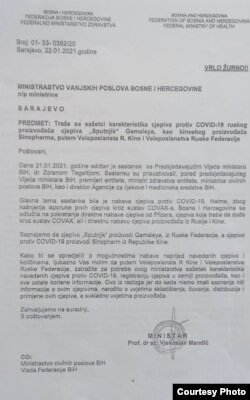 Dopis kojim ministar zdravlja BiH traži od Ministarstva inostranih poslova BiH da preko Ambasade u Moskvi prikupi informacije o "karakteristikama" Sputnik V vakcine