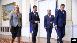 Mark Rutte, generalni sekretar NATO-a, sa članovima Predsjedništva BiH - Željka Cvijanović, Željko Komšić (drugi s desna) i Denis Bećirović (prvi s desna). U Sarajevu, 10. marta 2025.