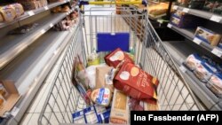 Ova fotografija od 19. marta 2020. prikazuje kolica za kupovinu u supermarketu u Ahlenu, u zapadnoj Njemačkoj.