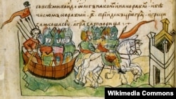 Византийцы использовали "греческий огонь" для защиты от внешних врагов (в том числе славян), пытавшихся штурмовать Константинополь. Киевский князь Олег ведет войско на Царьград. Миниатюра XV века
