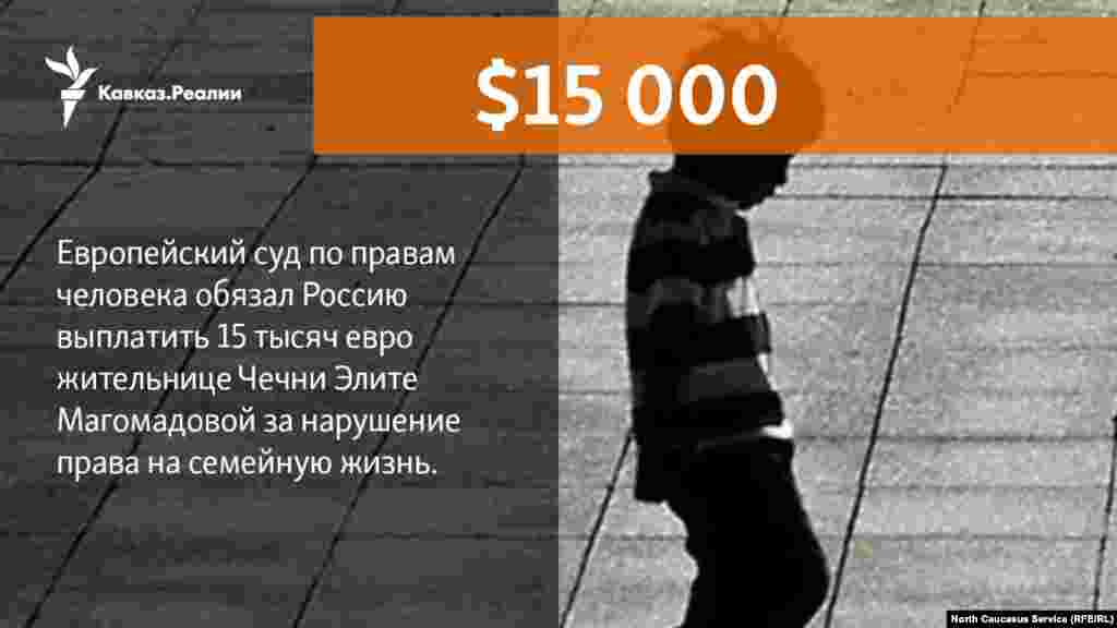 12.04.2018 // Европейский суд по правам человека присудил жительнице Чечни компенсацию в 15 тысяч евро за то, что приставы Грозного не могли вернуть ей незаконно увезенного отцом сына.