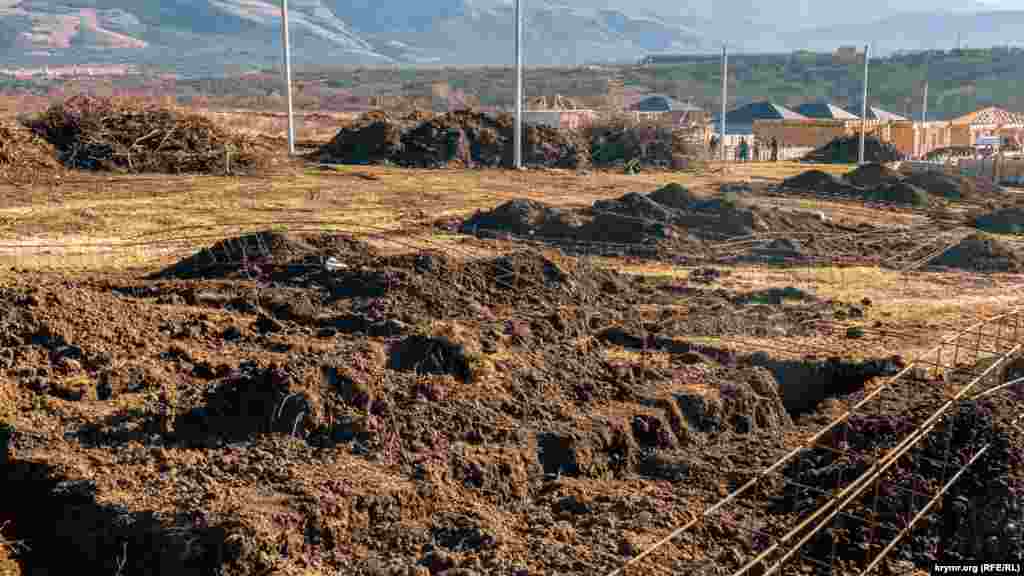 Арматура для заливки следующих фундаментов почти готова. На заднем плане слева – кучи очищенного на стройучастках растительного покрова