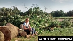 Jedna od demonstranata pored posečenog drveća u Košutnjaku