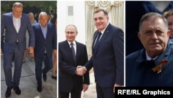 Fotografije s nekih od putovanja u inostranstvo Milorada Dodika u 2025. S premijerom Mađarske Viktorom Orbanom (5. avgust), s predsednikom Rusije Vladimirom Putinom (1. april) i na paradi povodom 80. godina od pobede u Drugom svetskom ratu (9. maj). 