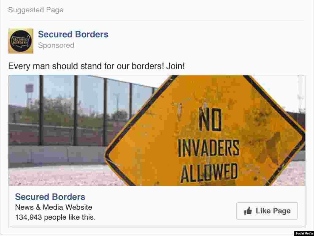 Сообщество "Безопасные границы" публиковало многочисленные материалы, направленные на поддержку одного из кандидатов на выборах – Дональда Трампа, против Хиллари Клинтон. Надпись на знаке: "Захватчикам путь закрыт". Сейчас это сообщество заблокировано. У него было 135 тысяч сторонников. У аналогичного сообщества с американскими корнями всего 8,5 тысяч последователей. 