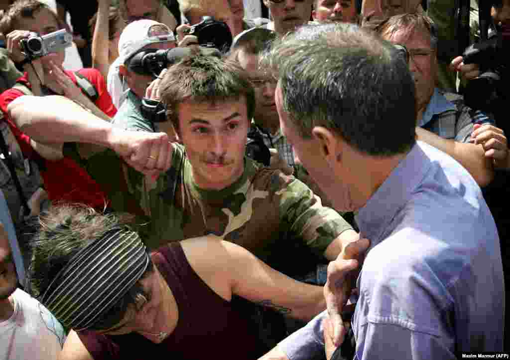 British rights activist Peter Tatchell in Moscow a moment away from being cracked in his right eye in 2007. Requests to hold gay-pride marches in the city in 2006 and 2007 were rejected by the authorities. When activists went ahead, they were attacked. 