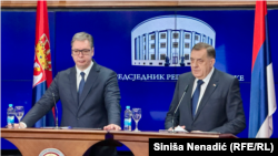 Predsednik Srbije Aleksandar Vučić i predsednik bh. entiteta Republika Srpska Milorad Dodik u Banjaluci, 14. februar 2025.