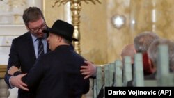 Viktor Orban, premijer Mađarske, i Aleksandar Vučić, predsednik Srbije, prilikom susreta u Subotici na severu Srbije povodo otvaranje obnovljene sinagoge. 26. mart 2018.