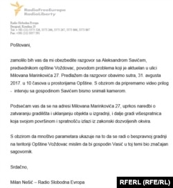 Predsednik opštine Aleksandar Savić 'ovih dana' nije imao vremena za razgovor sa RSE