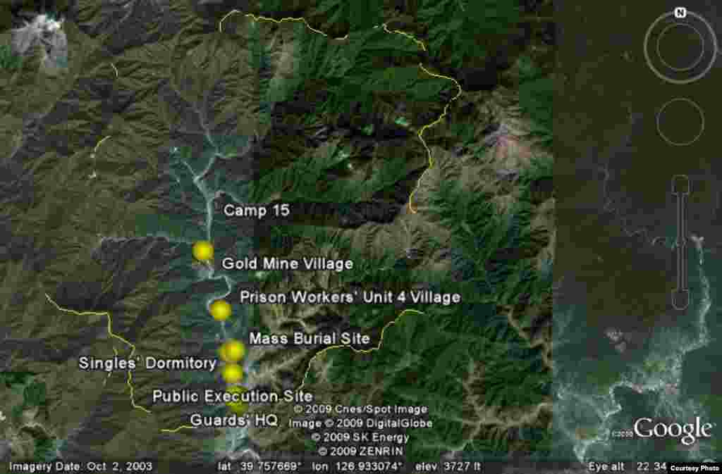 Лагерь для политических заключенных № 15 описан в воспоминаниях Каня Чол-Хваня "Аквариумы Пхеньяна". Кань попал в него вместе с родителями в возрасте 9 лет. На карте отмечены золотой рудник, барак для заключенных, массовые захоронения, место казни и здание охраны.
