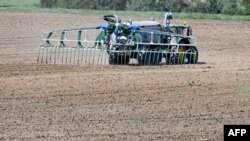 Poljoprivrednik rasipa gnojivo prije sjetve kukuruza u Brulonu, u zapadnoj Francuskoj. (arhivska fotografija)