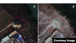 Satelitski snimak mauzoleja Al-Kasim u Mosulu prije i nakon uništavanja