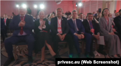 Marina Tauber (a doua din stânga), surprinsă în imaginile difuzate de la congresul blocului politic „Victorie”, desfășurat la Moscova, la 6 iulie 2025.