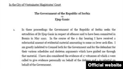 Faksimil prve stranice presude suda u Londonu o zahtjevu Srbije za izručenje Ejupa Ganića