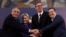 SERBIA -- Serbian President Aleksandar Vucic, second right, poses with Romanian Prime Minister Viorica Dancila, second left, Bulgarian Prime Minister Boyko Borisov, left, and Greece's Prime Minister Alexis Tsipras after talks in Belgrade, Serbia, Saturday