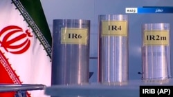 A screengrab from Iranian state TV in June 2018 shows three versions of domestically built centrifuges used in the enrichment process.