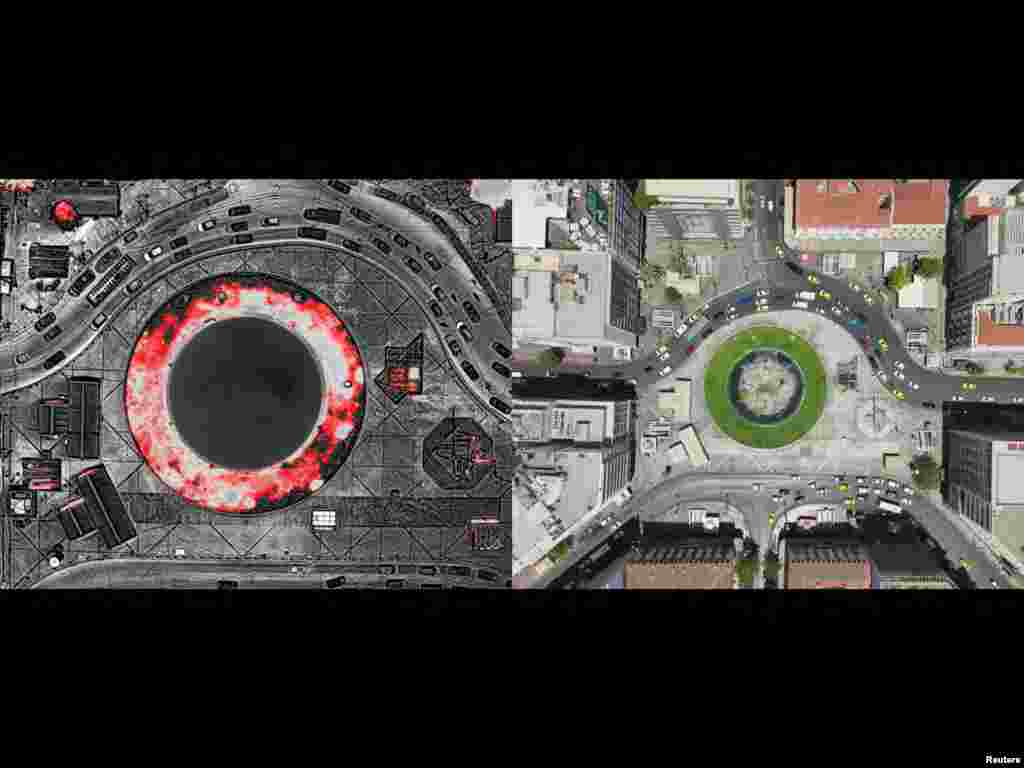 Az athéni Omonia tér a görög főváros központjában július 23-án. (Balra a hőkamerás drónfelvétel)