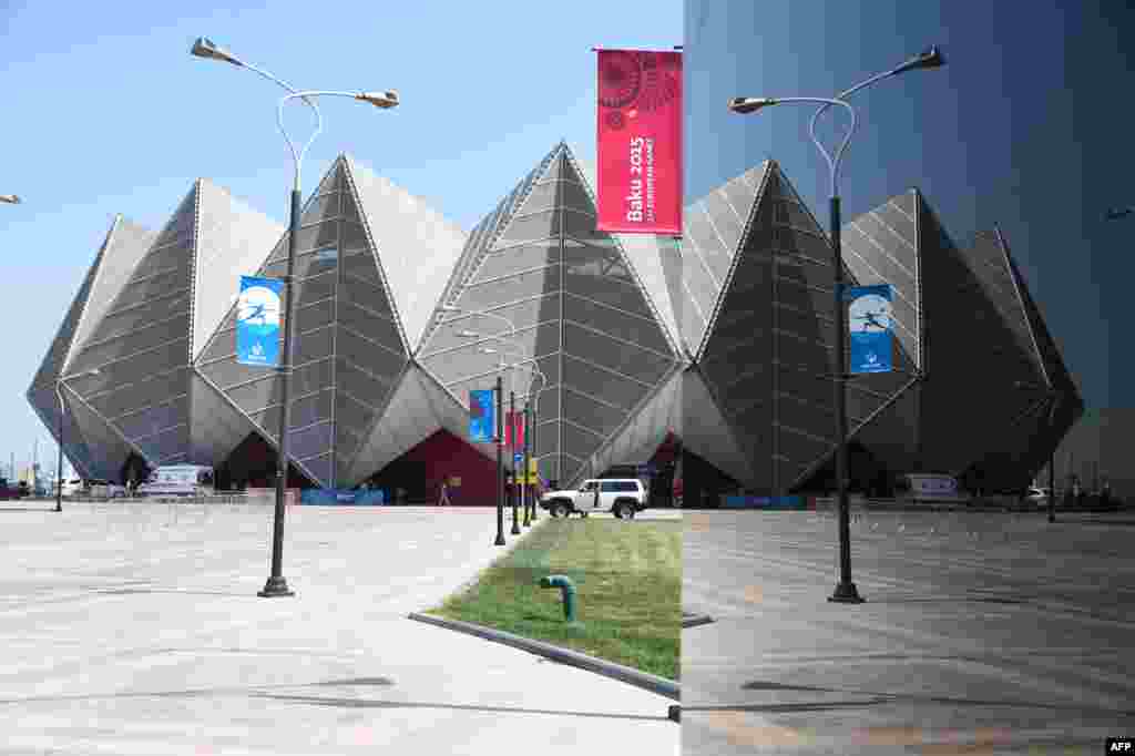 Odraz u staklu kompleksa zgrada Crystal Hall-a . Izgrađen je 2012. godine, a bio je domaćin Eurosonga iste godine.