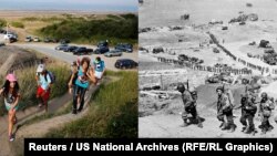 Молодь піднімається на гору повз старовинний німецький бункер і армія США піднімається на гору повз німецький бункер поблизу Omaha Beach