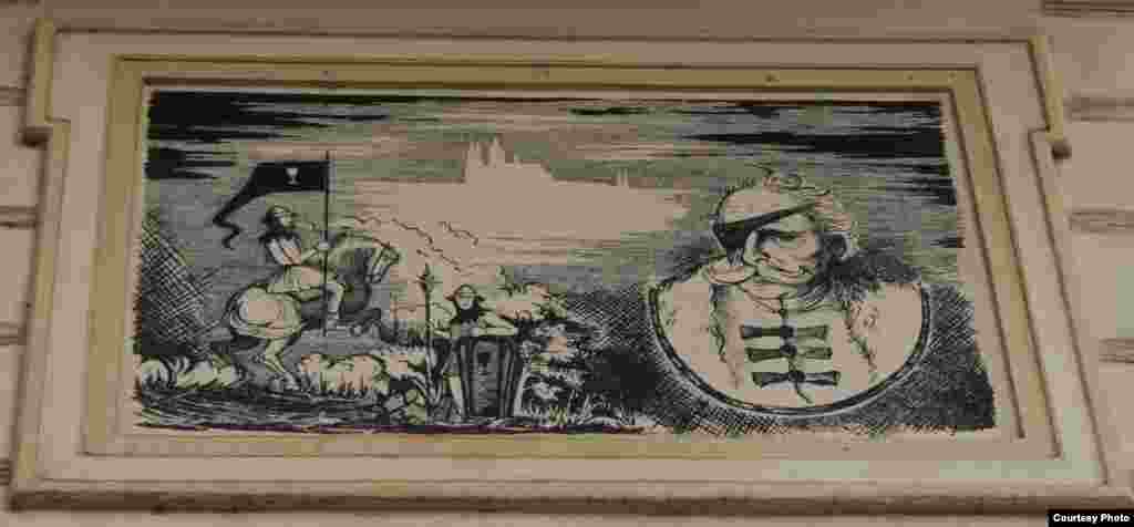 Из-за своей неуемной жестокости Ян Жижка получил прозвище "Страшный слепец". Умирая в 1424 году он чумы, гуситский вождь, как гласит легенда, завещал, чтобы с него сняли кожу и натянули на барабан - полководец хотел и "оттуда" наводить ужас на врагов. Вот какой это был человек! Панно на стене дома на углу Сейфертовой и Красовой улиц. 