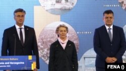 Andrej Plenković, Ursula von der Leyen i Zoran Tegeltija na svečanosti otvaranja mosta Svilaj preko rijeke Save, BiH (30. septembar 2021.)