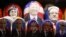 Russia -- Painted Matryoshka dolls, or Russian nesting dolls, bearing the faces of German Chancellor Angela Merkel, US Republican presidential nominee Donald Trump, French President Francois Hollande and Russian President Vladimir Putin are displayed for 