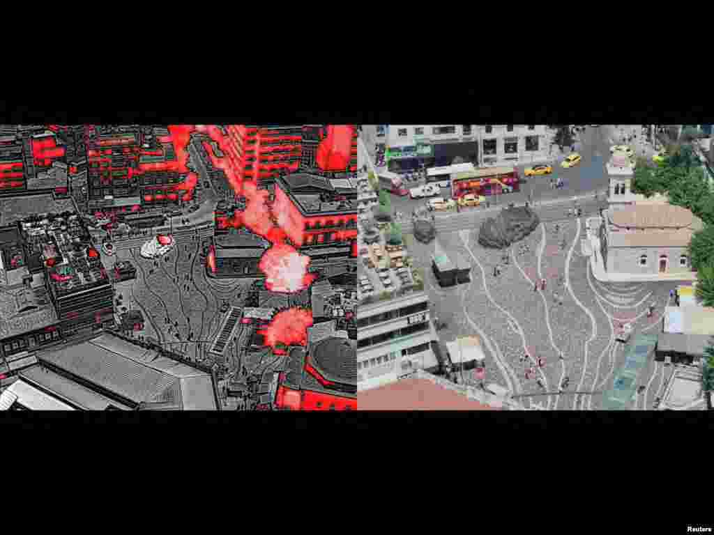 A Monstiraki tér Athénban a hőhullám idején: balra a hőkamerás drónfelvétel