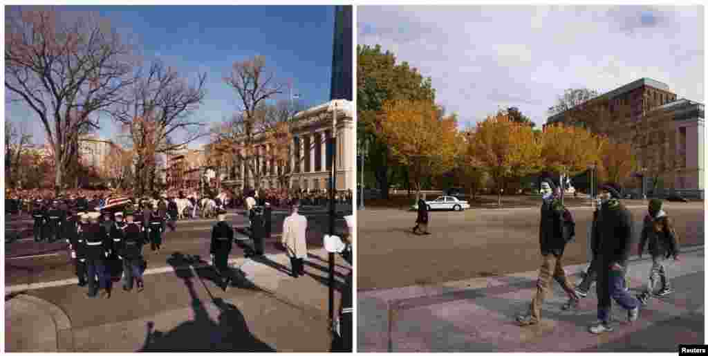 Фото слева: Государственные похороны президента Джона Кеннеди, 24 ноября 1963 года. Завернутый в американский флаг гроб выносится из Белого Дома. Фото справа: 5 ноября 2013 года. 