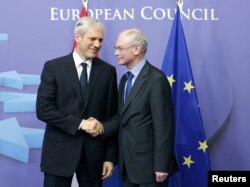 Boris Tadić, predsednik Srbije sa predsednikom Evropskog saveta Hermanom van Rompejem, 28. februar 2012.